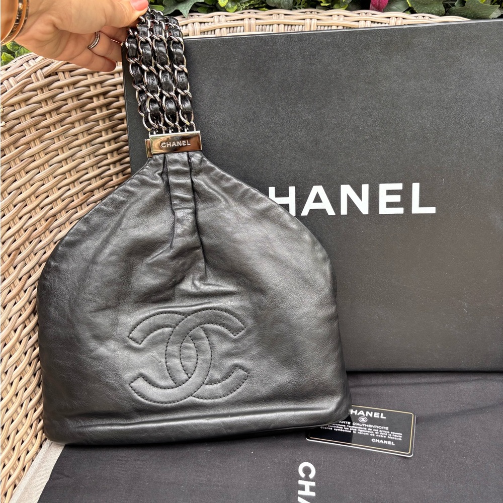 Authentic CHANEL RARE black mini rock & chain silver hardware bag